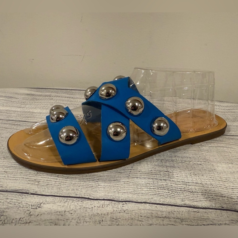 Marc Fisher Blue Studded Slide Sandals Size 8.5 Statement Stud Flats - Picture 6 of 14